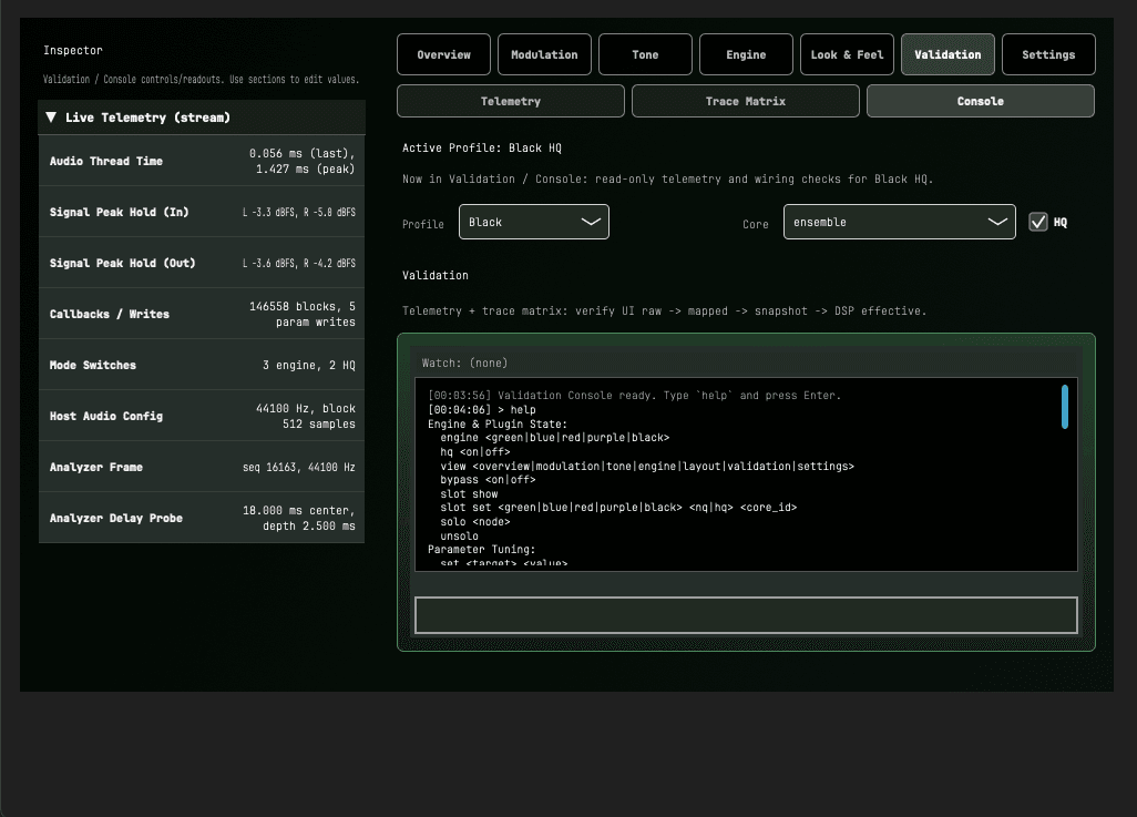 Terminal console within DevPanel executing engine commands in the Black HQ Ensemble context