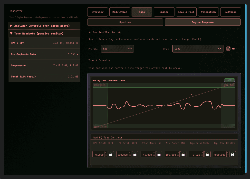 DevPanel showing real-time tape transfer curve and saturation readouts in Choroboros Red Engine