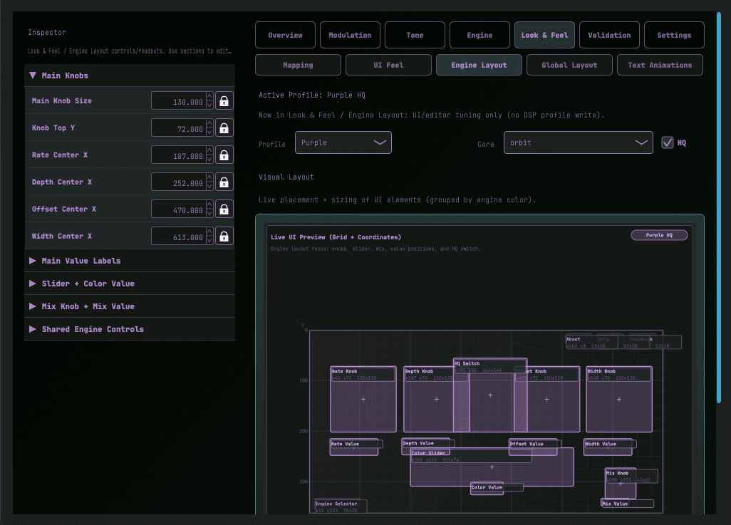Live UI wireframe and layout inspector for Choroboros Purple Engine showing coordinates and labeled bounds